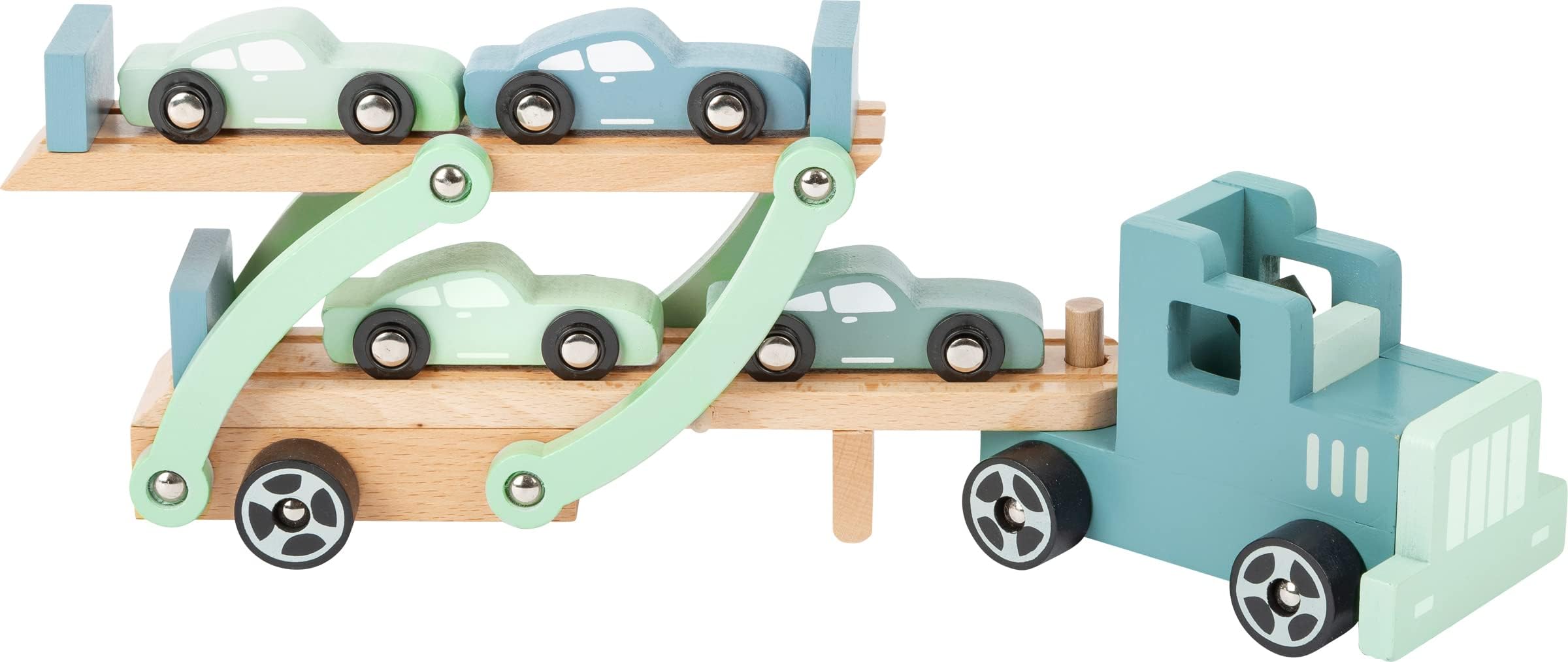 Small Foot Chicago Wooden Car Transporter with Movable Loading Ramp, Removable Trailer and 4 Cars, 11510