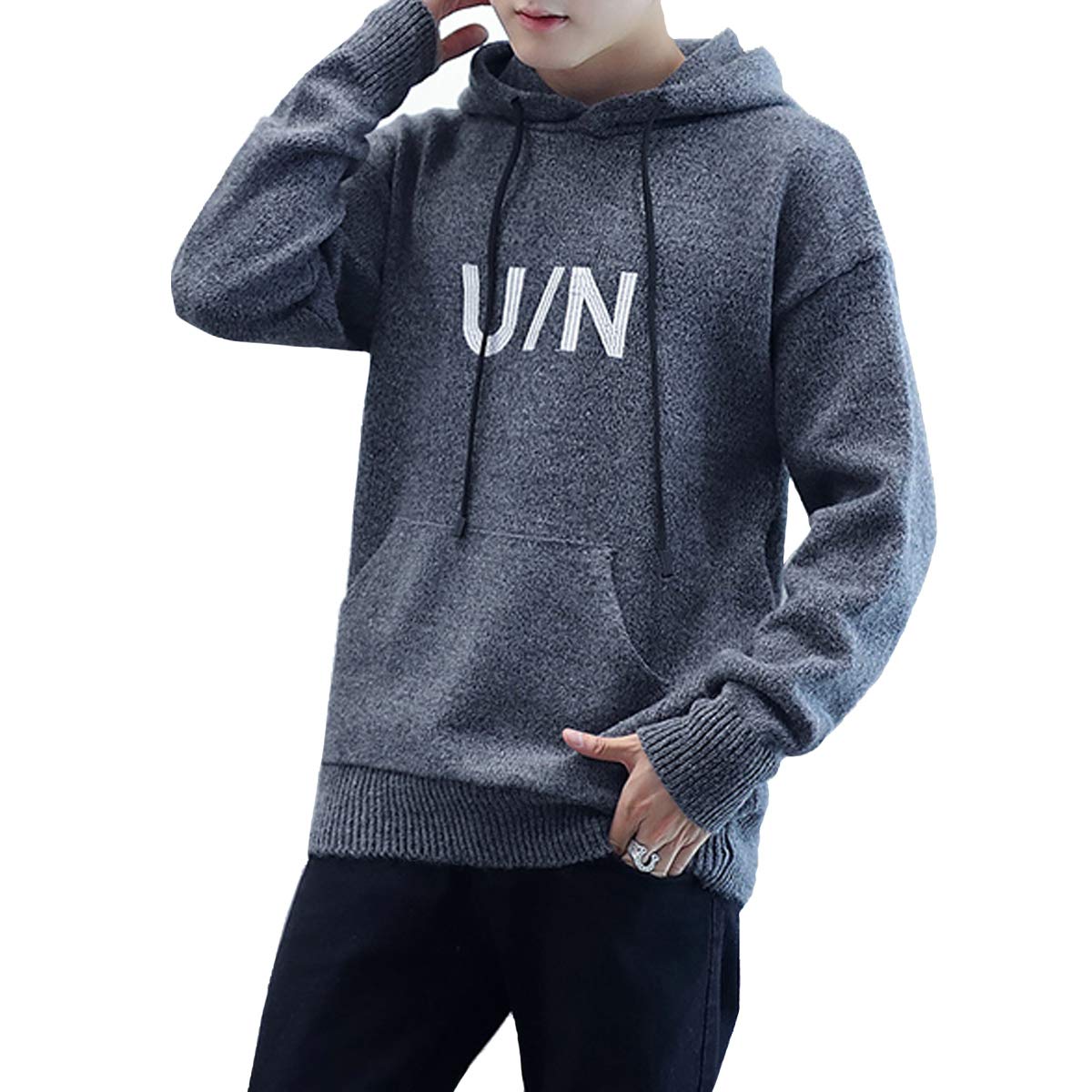 ニットパーカー メンズ 秋服 ニット セーター フード付き プルオーバー パーカー スウェットパーカー トレーナー 冬 無地(Dark Gray-L)