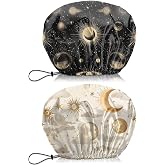 BHAHB 2 PCS Shower Cap Waterproof Double Layer Elastic Adjustable Reusable Hair Bath Caps for Girls Women Cute Aesthetic-Golden Black
