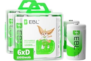 EBL 6 Pack D Cell Rechargeable Batteries 10000mAh 1.2V Ni-Mh D Size Batteries 1500 Cycle (Battery Case Included)