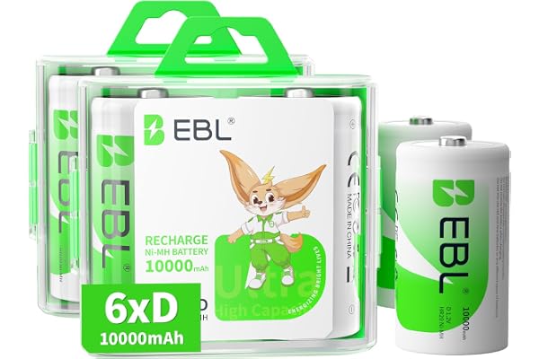 EBL 6 Pack D Cell Rechargeable Batteries 10000mAh 1.2V Ni-Mh D Size Batteries 1500 Cycle (Battery Case Included)