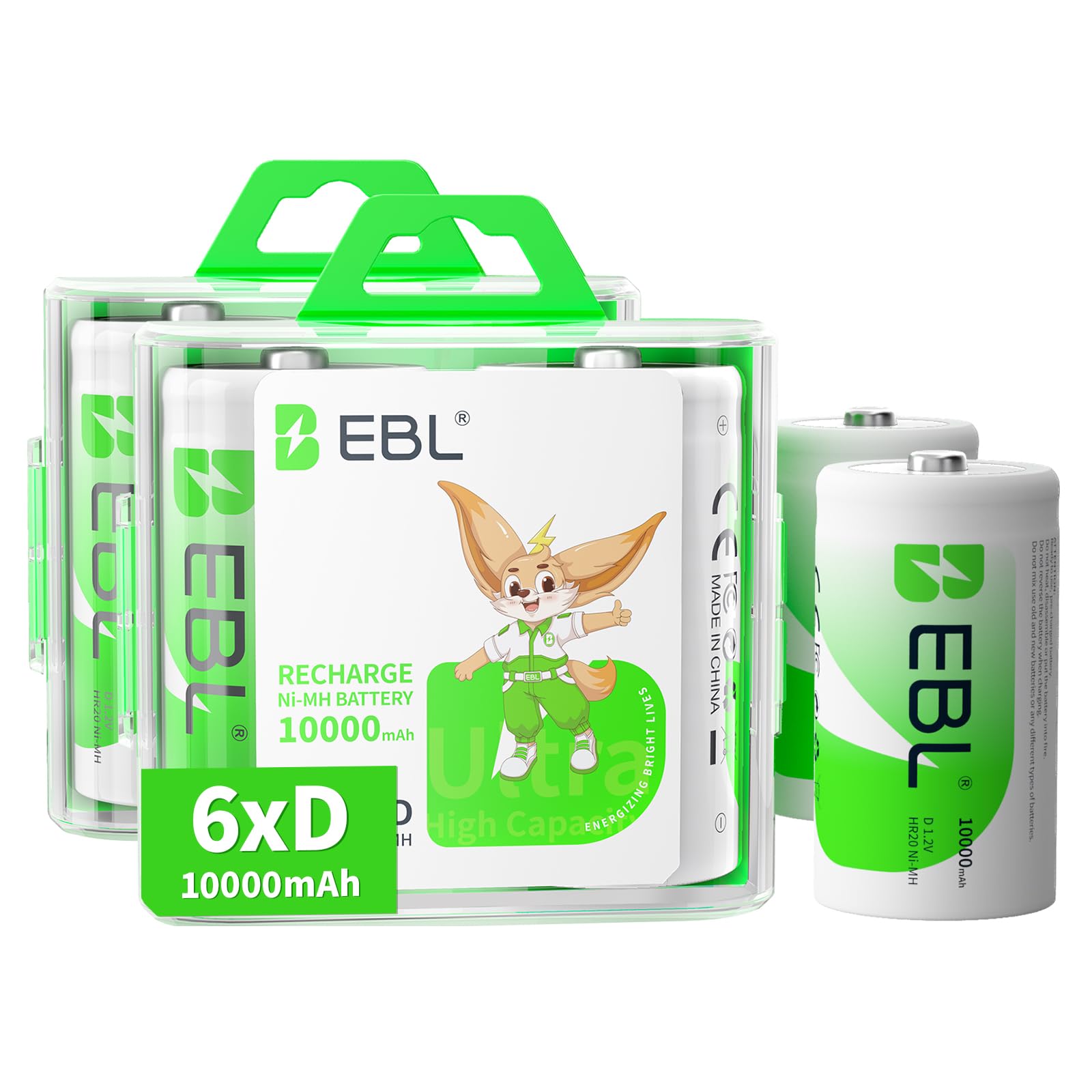 EBL 6 Counts D Rechargeable Batteries 10000mAh High-capacity D Size NiMH Batteries with Durable Storage Case for D Cell Rechargeable Batteries