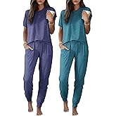 Ekouaer 2 pack Pajama Sets for Womens Jogger Pants Pjs Short Sleeves Lounge Set Soft Sleepwear with Pockets
