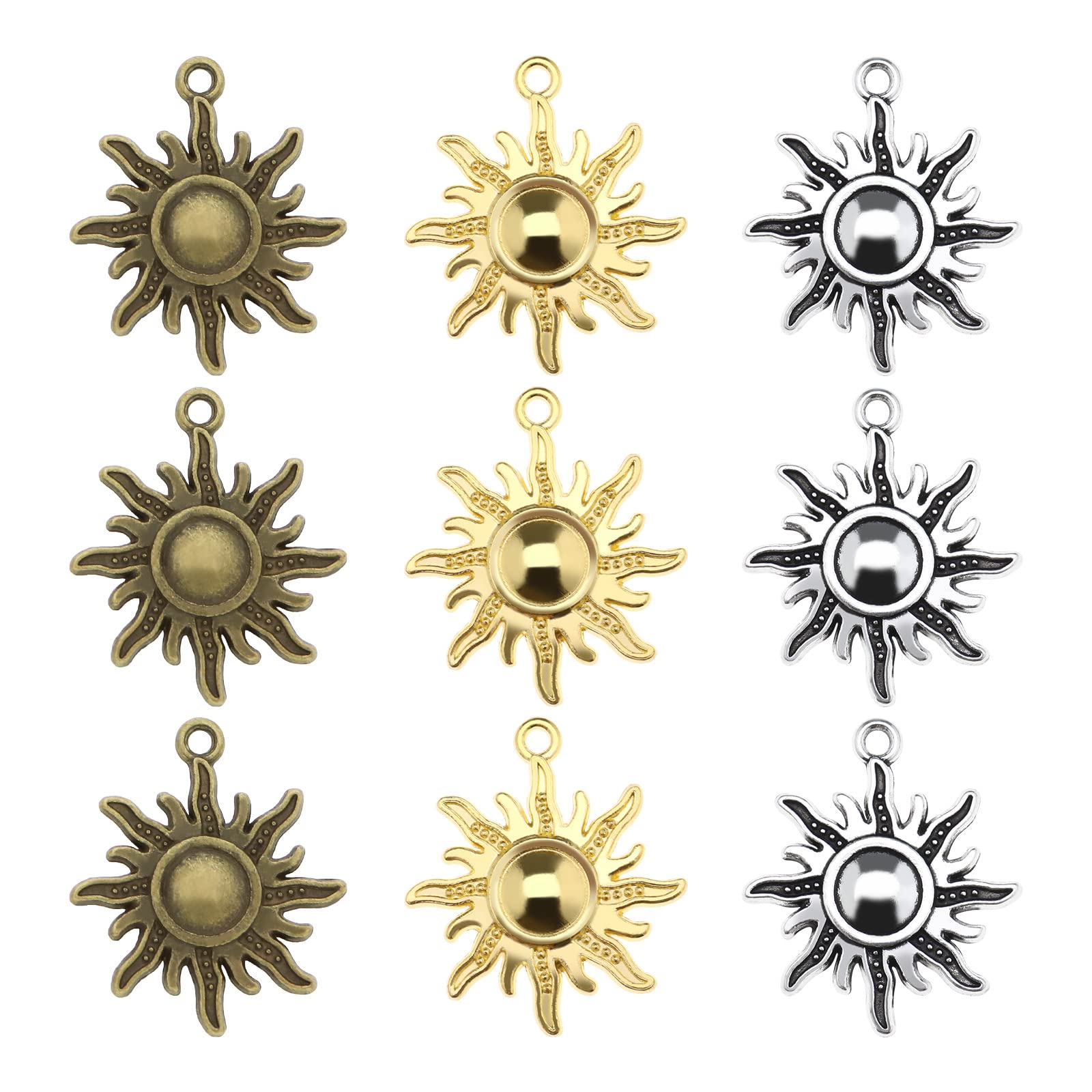 EMSea 90PCS Sun Charms Pendants DIY Craft Jewelry Making Decorations Ornaments for Bracelet Necklace Keychain Crafting Findings Accessories Gold & Bronze & Silver