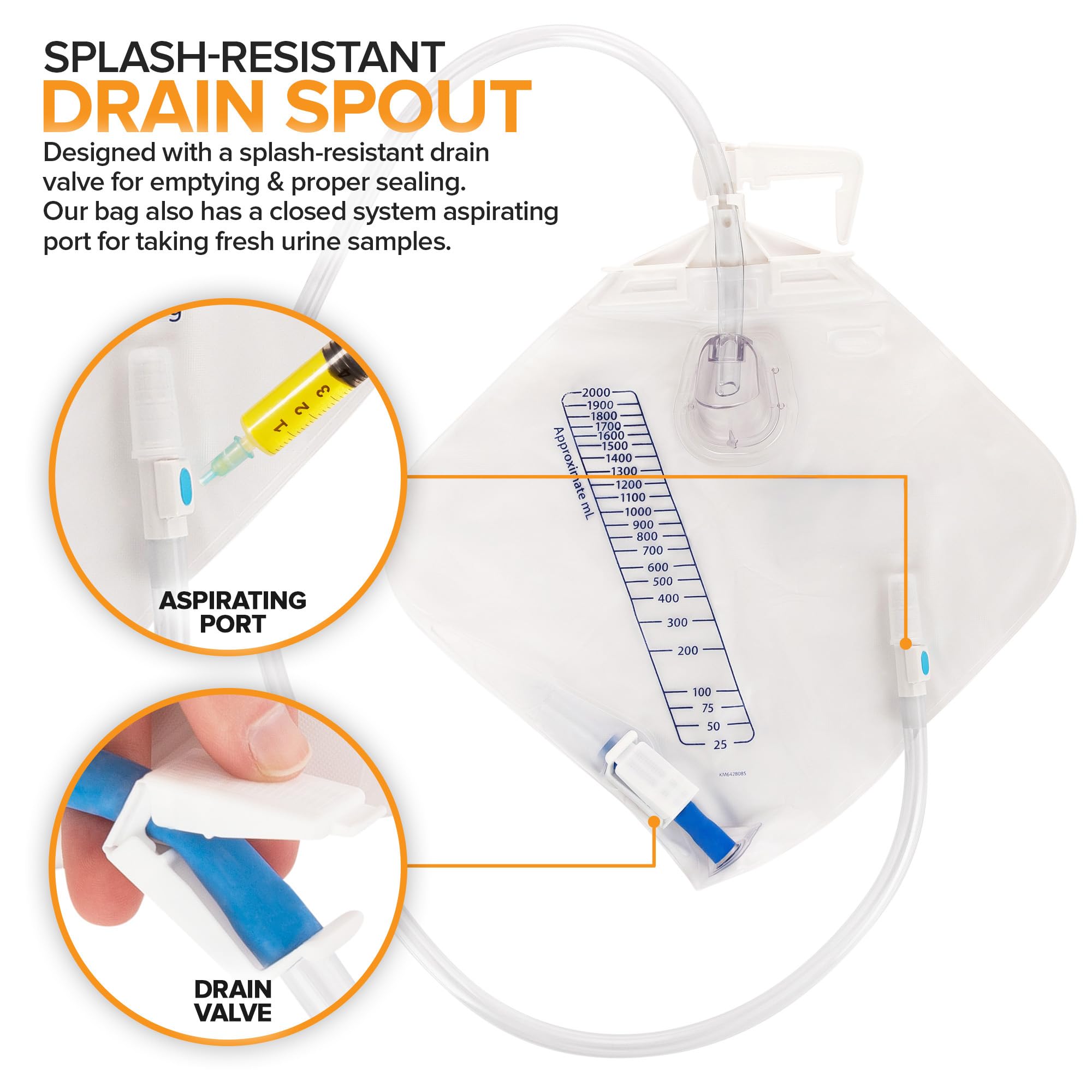 RUSCH Urine Drainage Bag with 18” Extended Tube (5 Pack) - Urine Bag with Anti-Reflux Chamber with Splash-Resistant Drain Spout - 2000 mL Vinyl Urine Bags for Men - 40