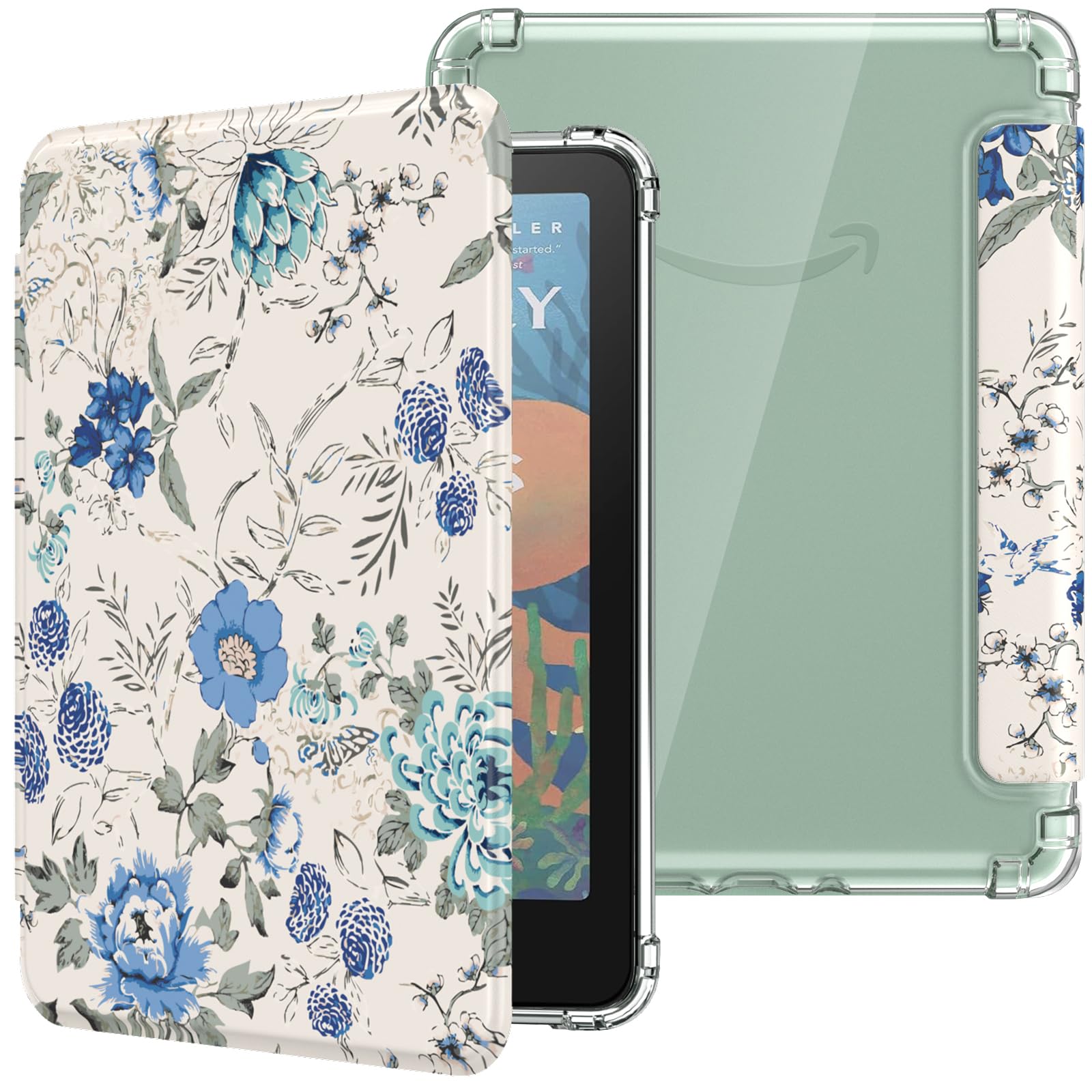 MoKo Case for All-new 7" Kindle Paperwhite 12th Gen 2024&Kindle Colorsoft Signature Edition 2024,Ultra Clear Soft Flexible Transparent TPU Back Cover Light Shell with Auto Wake/Sleep,White Blue Floral