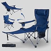 Folding Reclining Camping Chairs Footrest: 3 in 1 Portable Beach Lounge Chair Tanning Chairs with Backpack Lay Flat Lawn Chair Camping Furniture Camp Fishing Outdoor Carry Bag (Cloth Back, Navy Blue)