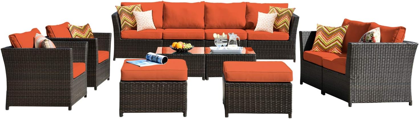 Amazon Com Ovios Patio Furniture Set Backyard Sofa Outdoor Furniture 12 Pcs Sets Pe Rattan Wicker Sectional With 2 Pillows And 2 Piece Patio Furniture Cover No Assembly Required 12 Piece Orange Red Garden