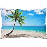 EKOBLA Throw Pillow Cover Botanical Sandy Beach Island Palm Tree Summer Time Holiday Landscape Blue Sea Decor Lumbar Pillow Case Cushion for Sofa Couch Bed Standard Queen Size 20x30 Inch