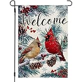 CROWNED BEAUTY Winter Cardinal Garden Flag 12x18 Inch Double Sided for Outside Small Welcome Burlap Holiday Yard Decoration CF1658-12