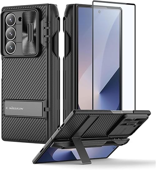 Nillkin for Galaxy Z Fold 6 Case with S Pen Holder, Built-in Screen Protecter & Slide Lens Cover & Metal Kickstand & Hinge Protection Full Shockproof Thin Slim Phone Cover for Samsung Fold 6, Black