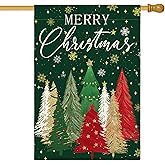 AVOIN colorlife Merry Christmas House Flag 28x40 Inch Double Sided Outside, Christmas Tree Snowflake Winter Holiday Yard Outdoor Decorative Flag Green
