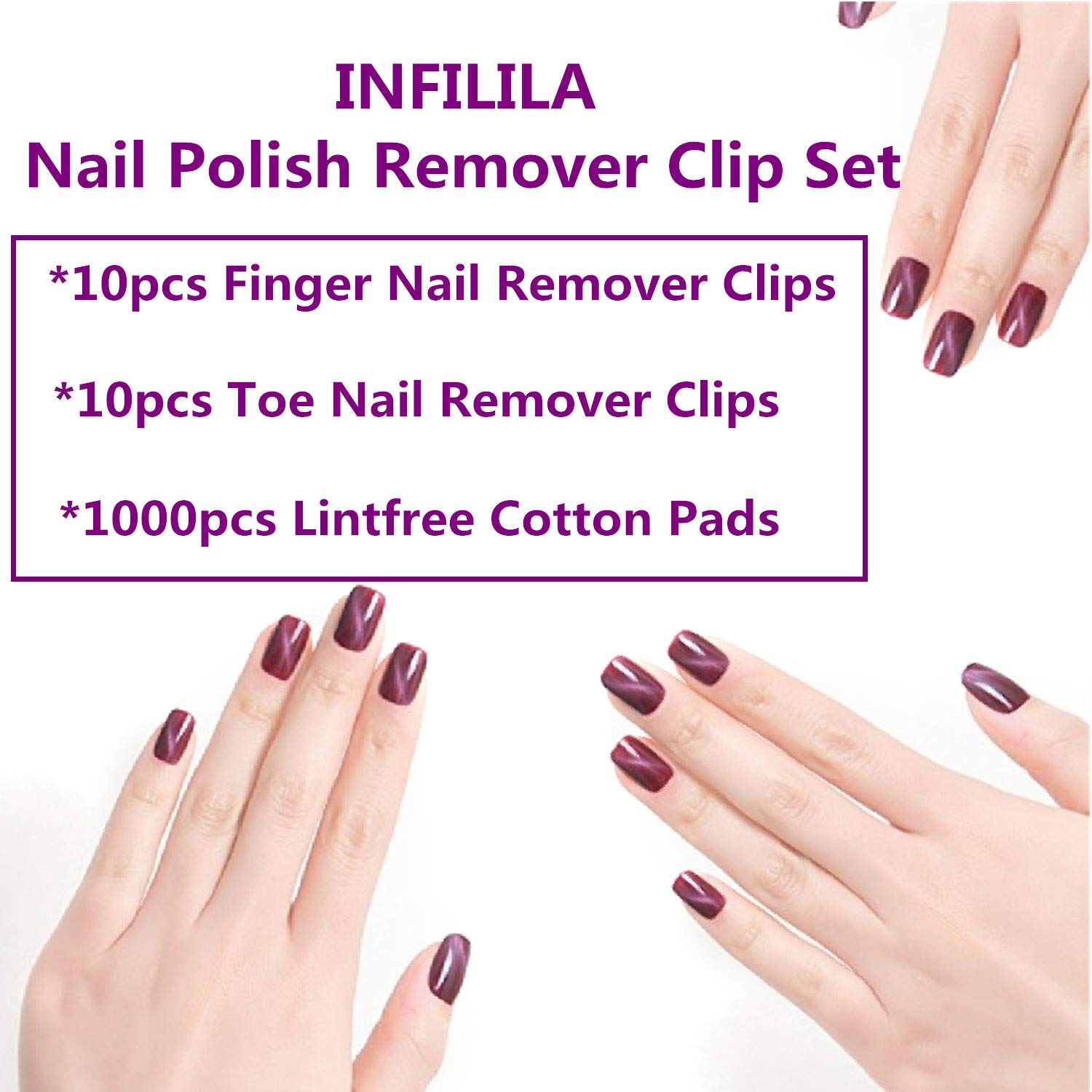 INFILILA Nail Polish Remover Clip Set-20pcs Nail Clip Caps Nail Soak Off Clips For Finger And Toe & 1000pcs Lintfree Nail Polish Remover Wipes For UV Gel Acrylic Nail Polish Removal: Beauty