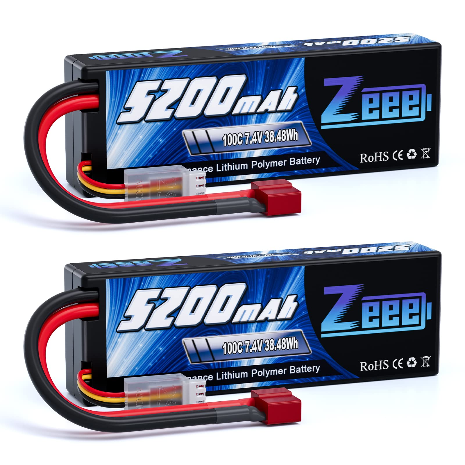 Zeee 2S Lipo Battery 5200mAh 7.4V 100C Hard case with T Plug for 1/8 and 1/10 RC Vehicles Car RC Buggy Truggy RC Airplane UAV Drone FPV (2 Pack)
