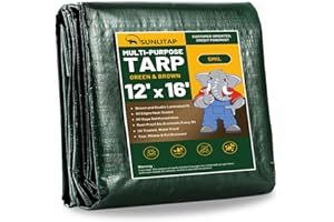 SUNLITAP 12x16Ft Tarp Cover Waterproof Poly Tarps with Metal Grommets, Reinforced Edges, UV Resistant, Rip & Tear Proof, Multipurpose Finished Size Tarps for Cars, Boat, Roof, Camping (Green/Brown)