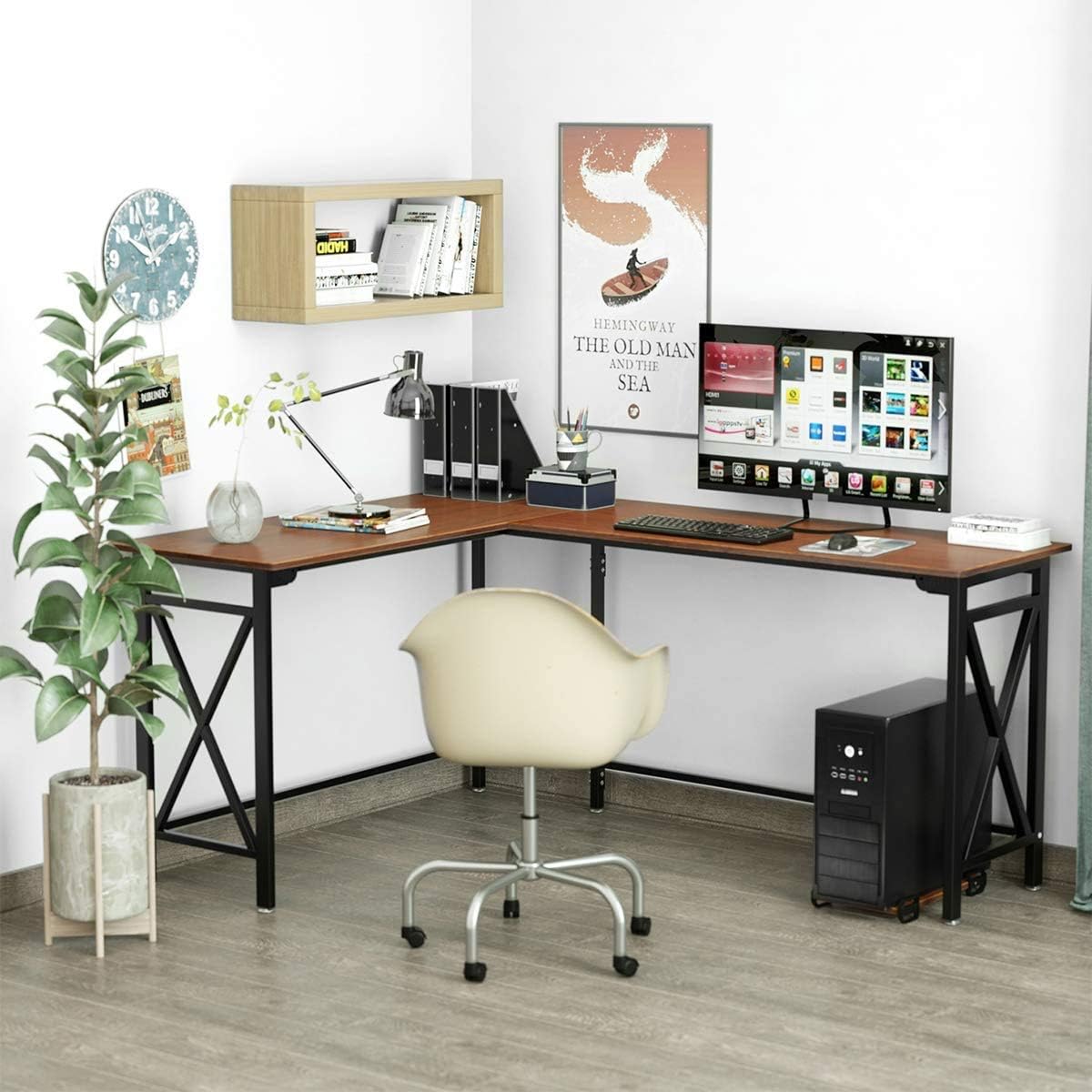 Herasa L-Shaped Desk Computer Corner Desk, Home Gaming Desk 67'' x 51'', Office Writing Workstation, Space-Saving, Easy to Assemble (Walnut)