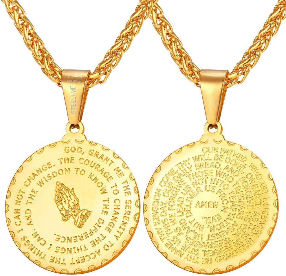U7 Bible Verse Prayer Necklace for Men Women 18K Gold Plated Stainless Steel Christian Jewelry Praying Hands Coin Medal Pendant, with Chain 20" 22" 24", Custom Text Engravable, Gift Box Packed