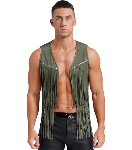 Men's Sleeveless V Neck Fringe Trim Open Front Studded Cowboy
