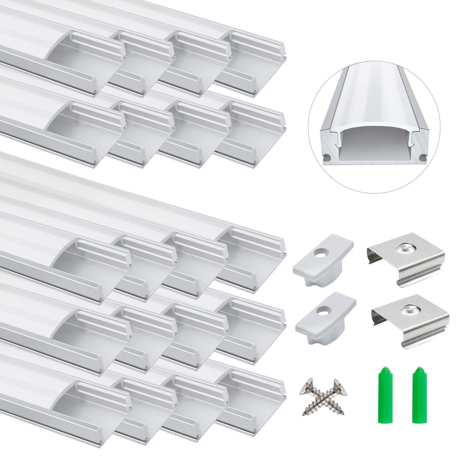 LightingWill 20-Pack LED Aluminum Profile, 3.3ft/1Meter LED Aluminum Channel Silver U-Shape LED Diffuser with Milky White Cover, End Caps and Mounting Clips for LED Strip Light