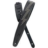 Nefelibata Full Grain Leather Guitar Strap with Foam Padding with Lightning Silver Rivets for Electric, Acoustic, and Bass Guitars (2.5" Wide, Carbon Black)