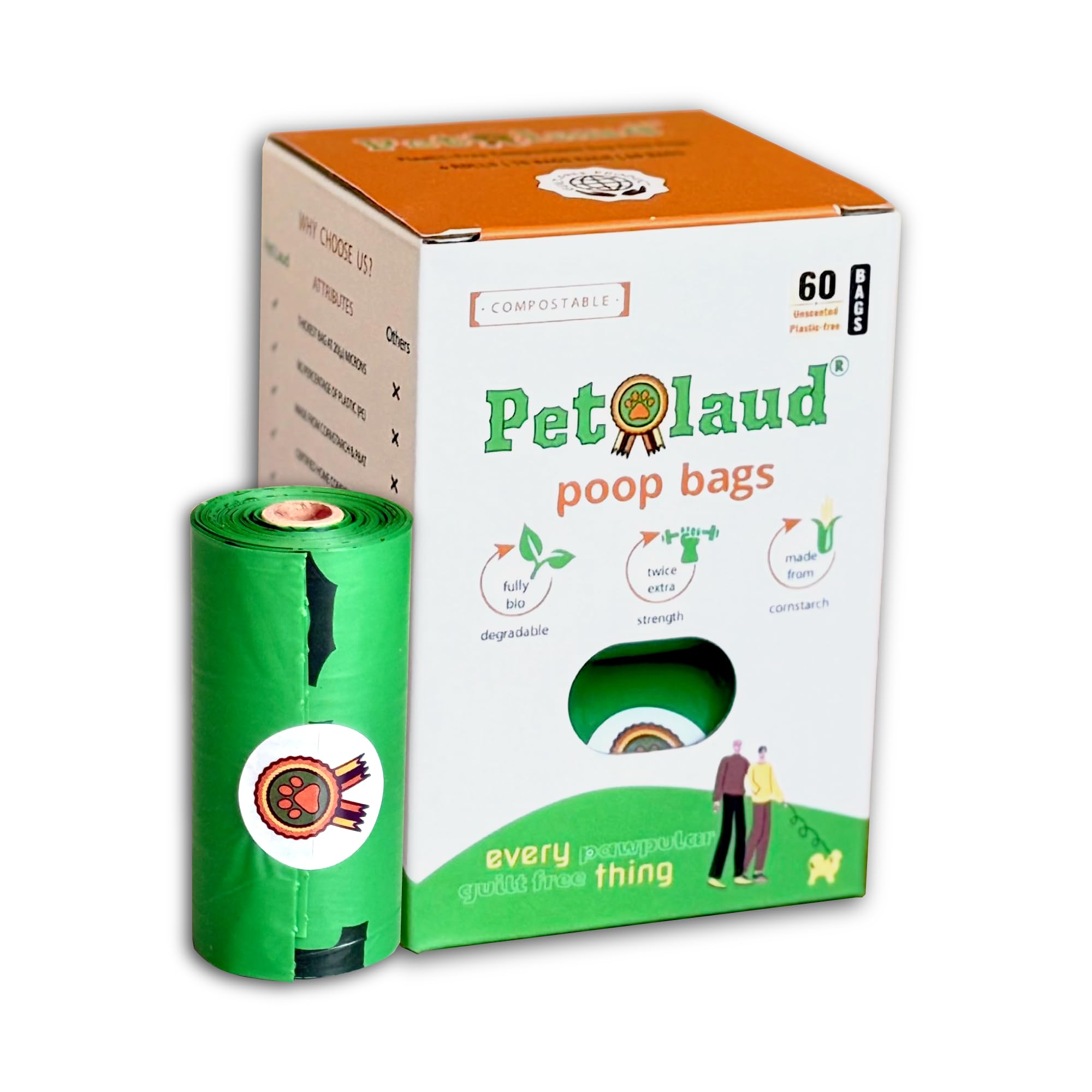 PetLaud Compostable Dog Poo Bags Rolls — Extra Thick, Leakproof, Plastic-Free — EN13432 & ASTM D6400 Certified — 60 Bags