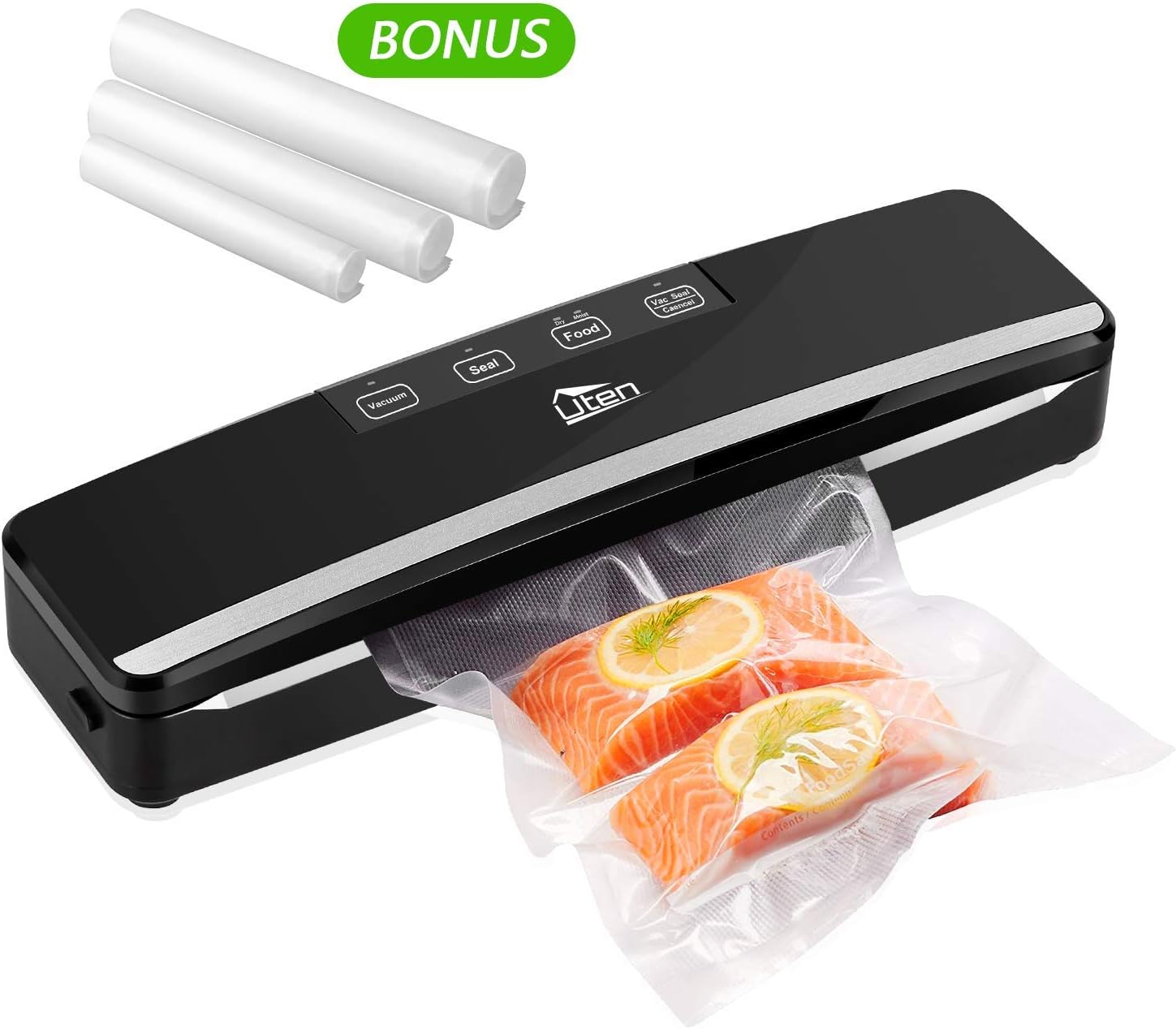 Uten Vacuum Sealer Machine, Automatic Food Sealer for Preservation with Air Suction Hose, Compact Design, Dry Moist Food Modes, Safety Certified, Led Indicator Lights - Black