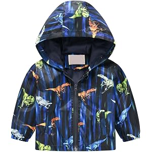 Toddler Dinosaur Windbreaker Jackets Lightweight Zip up Hooded Raincoat Kids Baby Cuffs Outdoor Hiking Waterproof