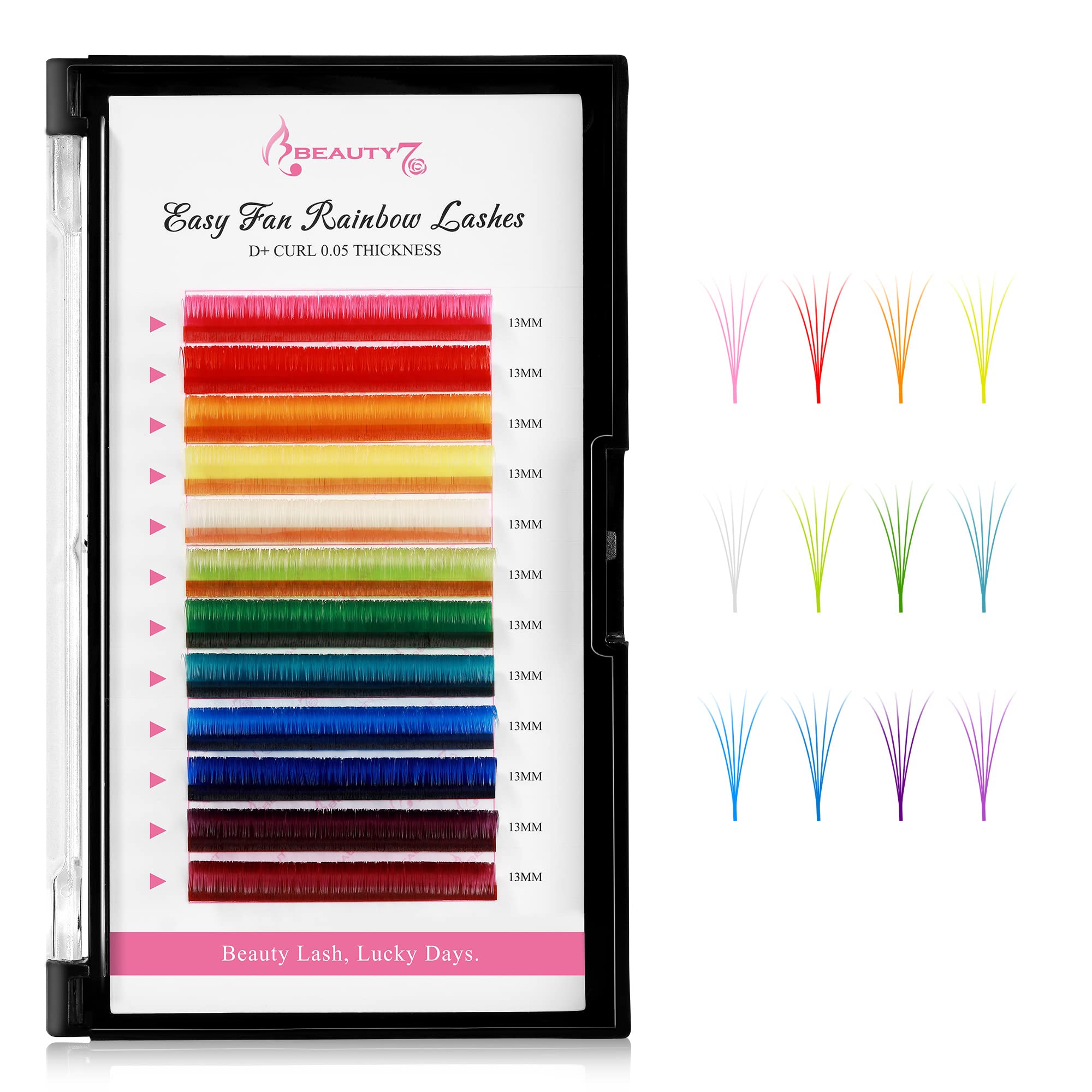 DIY Colored Lash Extensions 12 Colors, Easy Fan 0.05mm D+ Curl 13mm Rainbow Eyelash,Pink Red Yellow White Green Blue Purple Faux Mink Volume Eyelashes for Home and Salon Use Beauty7
