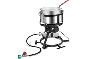 RYHOFOUD Propane Deep Fryer with 10Qt Deep Fryer Pot – High Grade Strainer Basket Aluminum Pot for Fish Fry Chicken Wings, Seafood Pot – Propane Burners for Outdoor Cooking Include Thermometer