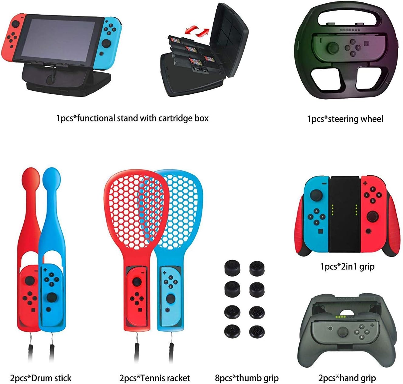 DeHasion 19 in 1 Switch Accessories Bundle 2X Drum Sticks/2x Tennis Bracket/8xThumb Grip/2x Hand Grip/1x2 in 1 Grip/1xSteering Wheel/1x Functional Stand1x Switch Game Card Case for Nintendo Switch