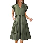 Hount Women's Summer Casual Dress 2026 V Neck Ruffle Sleeve Midi Sundress Flowy Tiered Hawaiian Beach Dresses with Pockets