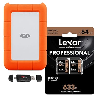 LaCie Rugged 5TB STFR5000800 USB-C External Hard Drive w2 Lexar Professional 64GB 633x U3 SDHC Memory Cards