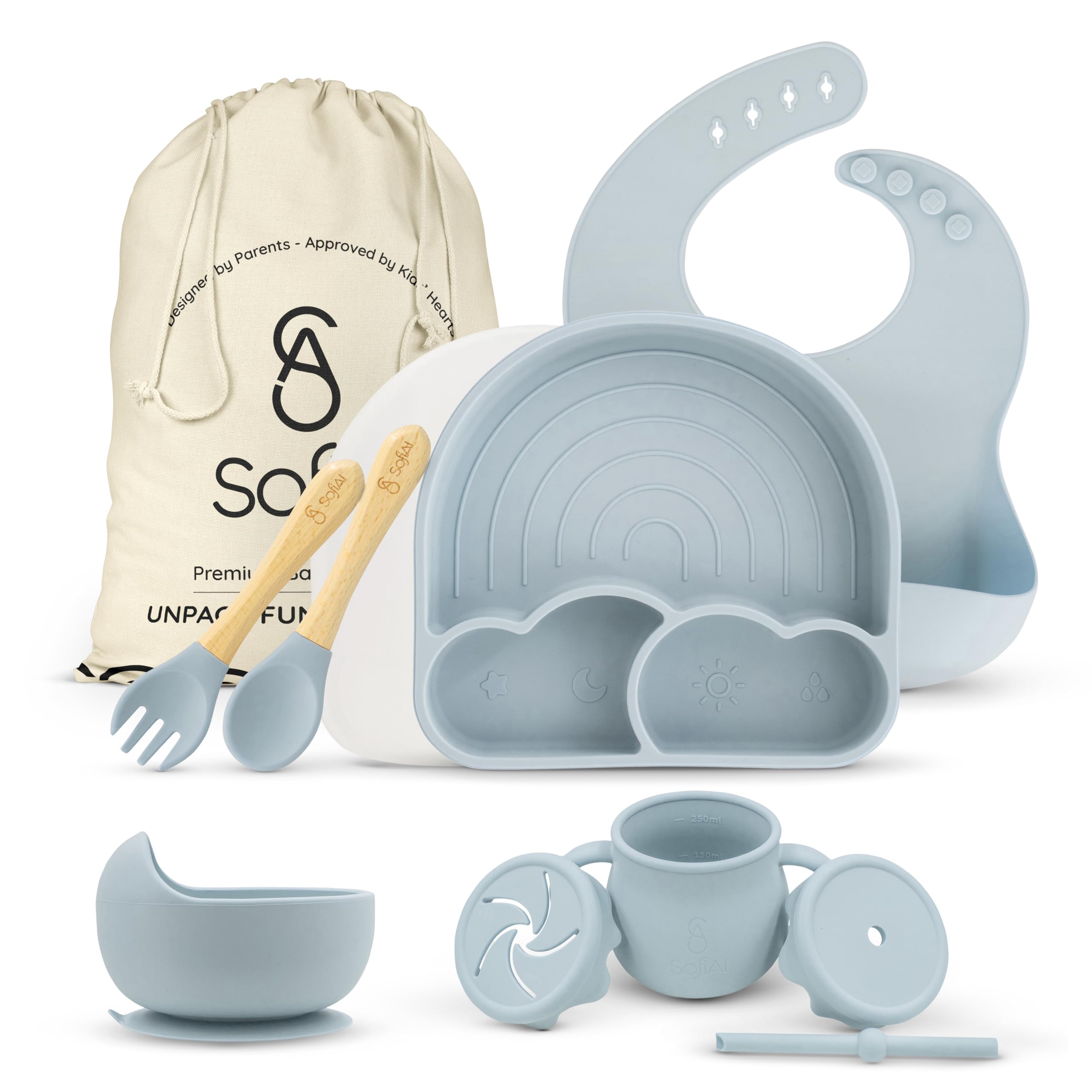 Photo 1 of SofiAl All In One Silicone Feeding Set - Safe for 6-12 Months - Non-Toxic Baby Led Weaning Supplies - Toddler Self Feeding Utensils - BPA-Free - Mess Free Essentials