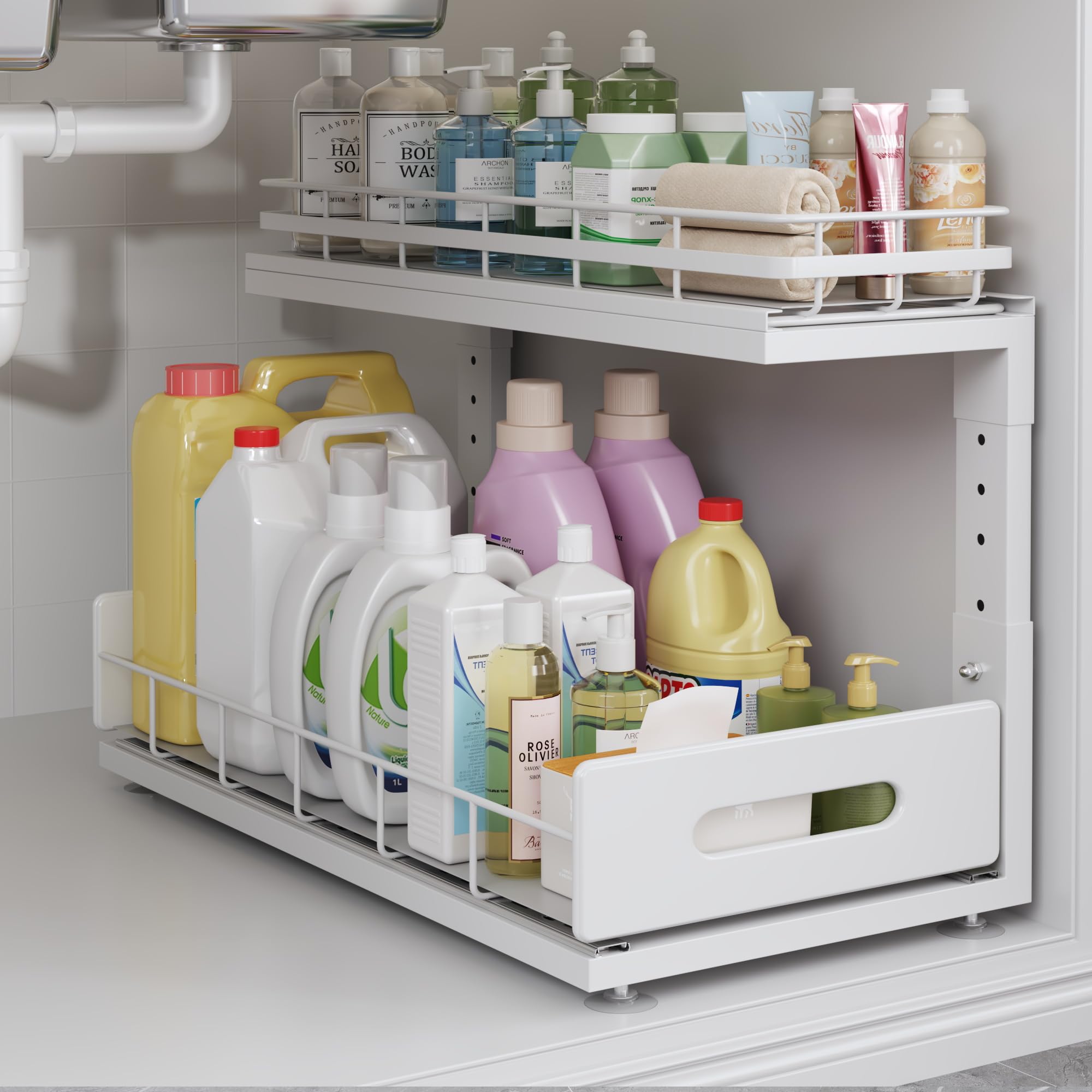 Photo 1 of 1 Pack 18 IN Depth Under Sink Organizer with Smooth Ball Bearing Slides,2-Tier Pull Out Cabinet Storage,Slide Out Drawers for Bathroom&Kitchen,Rust-resistant Coating,Height Adjustable-White