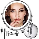 Rocollos Rechargeable Wall Mounted Lighted Makeup Mirror Chrome, 8 Inch Double-Sided LED Vanity Mirror 1X/10X Magnification,3 Color Lights Touch Screen Dimmable 360°Swivel 13 Inch Extendable