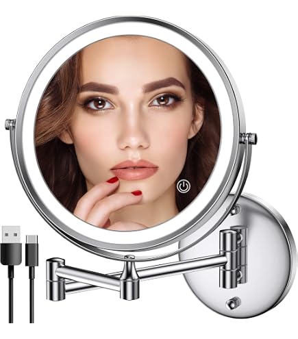 Specchio Trucco Rettangolare A Parete Jerdon JRT710NL, 16,5x22,8 Cm, Con Luce LED E Ingranditore, Finitura Nichel