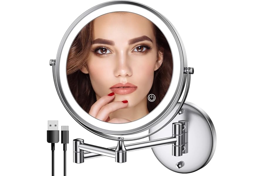 Rocollos Rechargeable Wall Mounted Lighted Makeup Mirror Chrome, 8 Inch Double-Sided LED Vanity Mirror 1X/10X Magnification,3 Color Lights Touch Screen Dimmable 360°Swivel 13 Inch Extendable