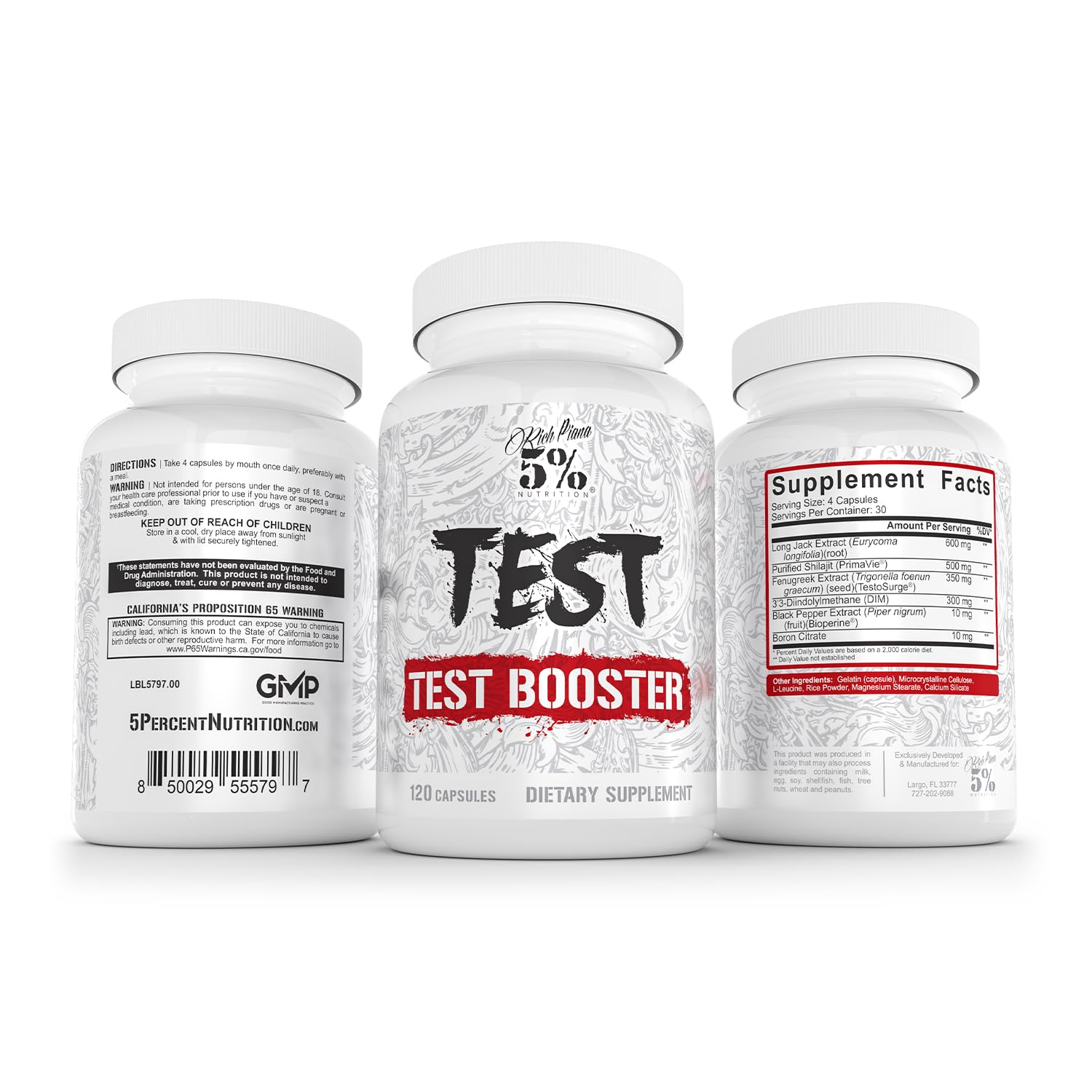 5% Nutrition Rich Piana Test | Natural Testosterone Booster for Men | Muscle Builder, Male Vitality, Energy & Stamina | Tongkat Ali (Longjack), Shilajit, Fenugreek, DIM, Boron | 120 Capsules