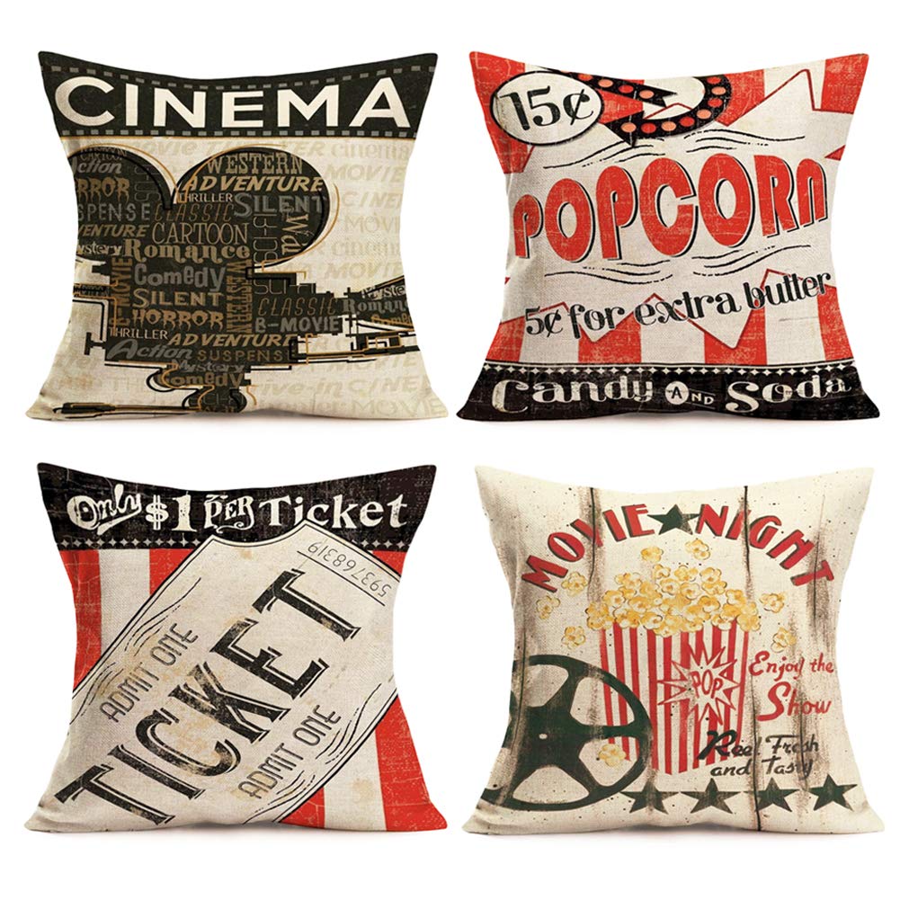Smilyard Movie Theater Cinema Throw Pillow Covers Vintage Cinema Ticket with Popcorn Throw Pillow Case 18x18 Inch Cotton Linen Personalized Home Decor Cushion Cover for Sofa Set of 4 (Cinema Set)