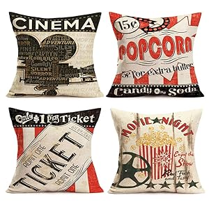 Smilyard Movie Theater Cinema Throw Pillow Covers Vintage Cinema Ticket with Popcorn Throw Pillow Case 18x18 Inch Cotton Linen Personalized Home Decor Cushion Cover for Sofa Set of 4 (Cinema Set)