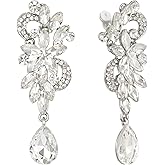 BriLove Women's Bohemian Boho Crystal Flower Wedding Bridal Chandelier Teardrop Bling Clip-On Dangle Earrings