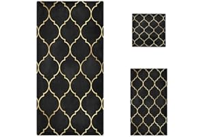 Naanle Black Watercolor Moroccan Gold Line Vintage Soft Luxury Decorative Set of 3 Towels, 1 Bath Towel+1 Hand Towel+1 Washcloth, Multipurpose for Bathroom, Hotel, Gym, Spa and Beach