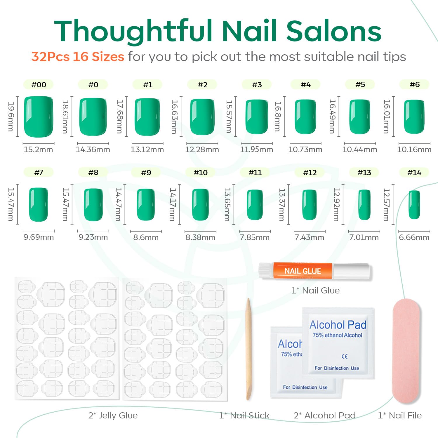 Modelones Green Press on Nails, Spring Easter Short Square Fake Nails, Summer Spring Reusable Nail Kit with Nail Glue Adhesive Tabs Mini Nail File, Nails Press Ons 32Pcs16 Sizes, Women Girl Gift - Image 3