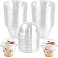 Rainmae 100-Pack Disposable Clear Plastic Cups with Dome Lids, 180ml/6oz Crystal PET Dessert Cups for To Go Iced Coffee Cold Drinks, Smoothie, Bubble Boba Tea, Juice, Parfait, Frappuccino, Milkshake