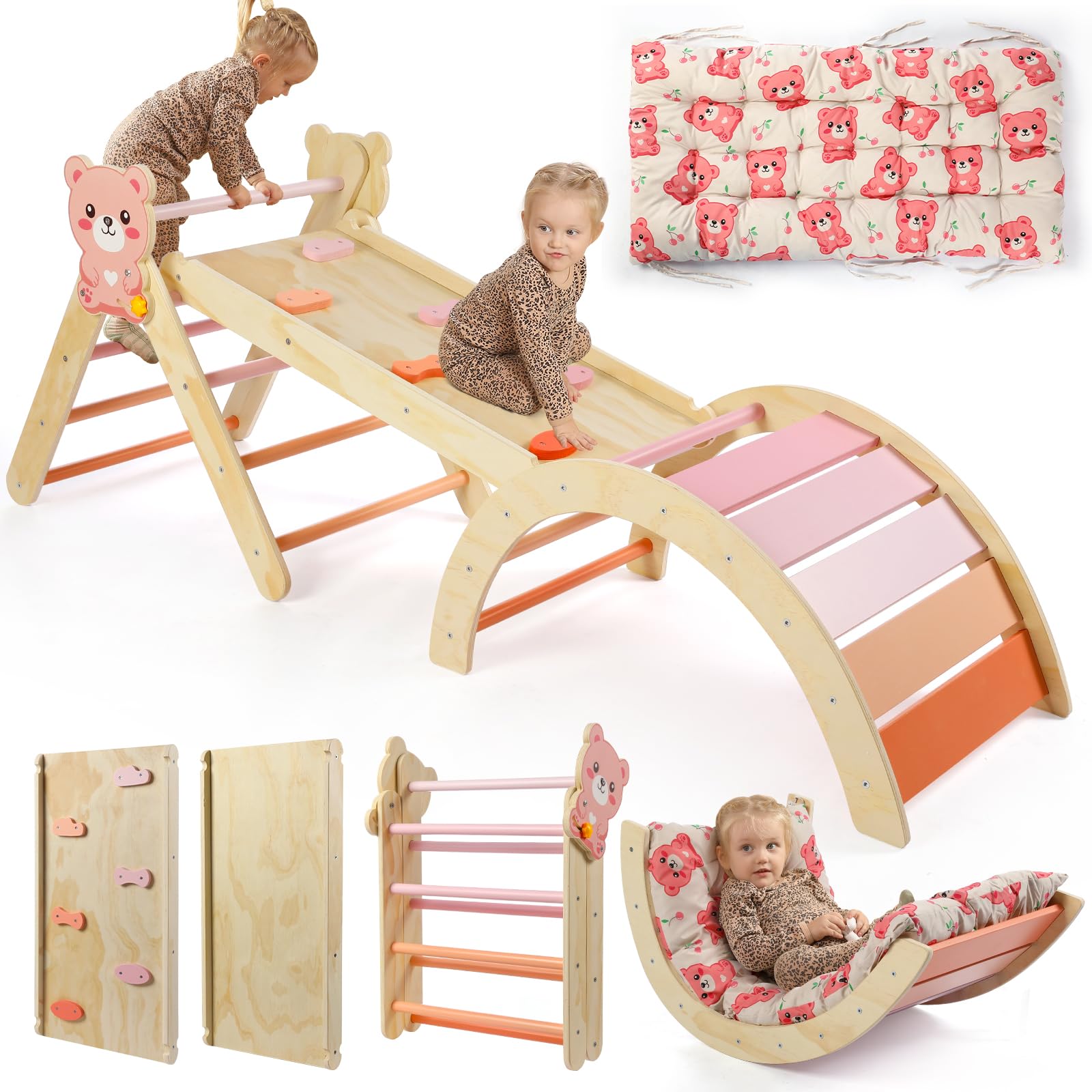 khlerox Climbing Frame with Soft Cushion, 7 in 1 Foldable Indoor Climbing Frame, Montessori Baby Toddler Climbing Toys Indoor, Climber Indoor Set with Arch, Ramp, Ladder (Bear)