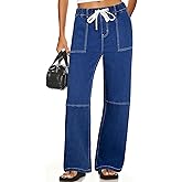 Sidefeel Women's Wide Leg Jeans High Waisted Elastic Stretchy Straight Leg Trendy Drawstring Baggy Pull On Denim Pants