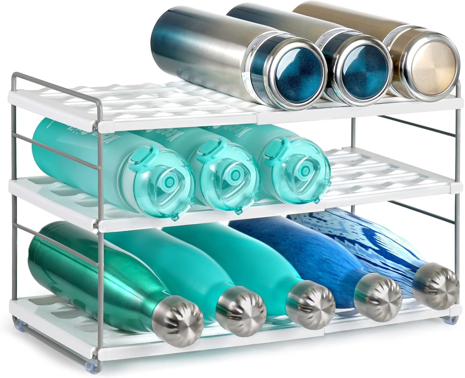 Photo 1 of Water Bottle Organizer For Cabinet, Expandable Water Bottle Holder Rack, Adjustable Tumbler Storage For Kitchen Organization, 3 Tier Cup Organizer For Sports Flask Insulated Travel Mug Fridge, White