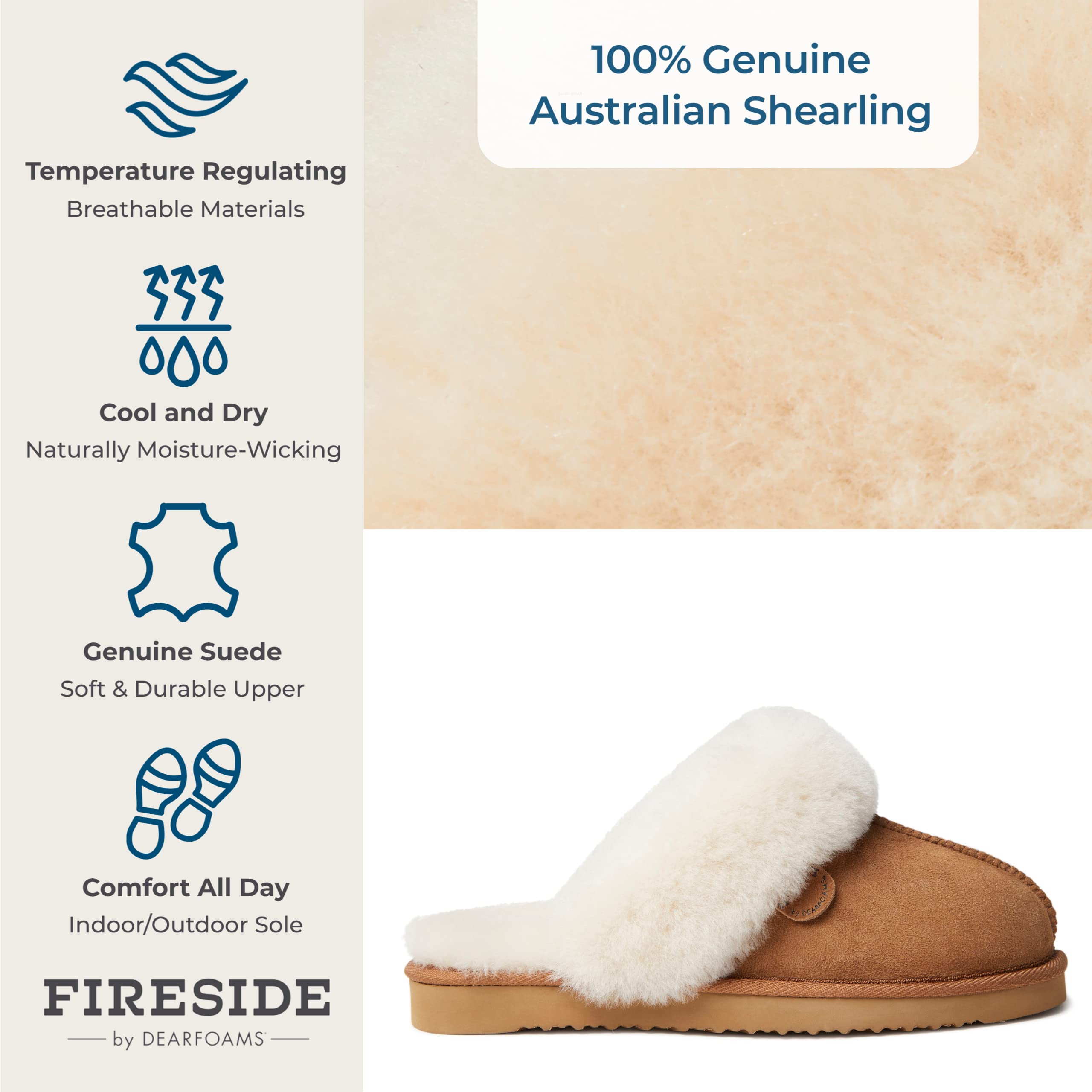 Fireside By Dearfoams Women's Sydney Slippers, Genuine Shearling Suede Scuffs, Memory Foam Slip-in House Shoes