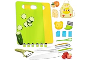 AIXMEET 21pcs Kids Knife Set for Real Cooking, Toddler Knife Set, Montessori Kids Kitchen Knife Set with Cutting Board Crinkle Cutters Kid Safe Knives,3 4 5 6 7 8 9 10 Year Old Boys Girls Birthday Christmas