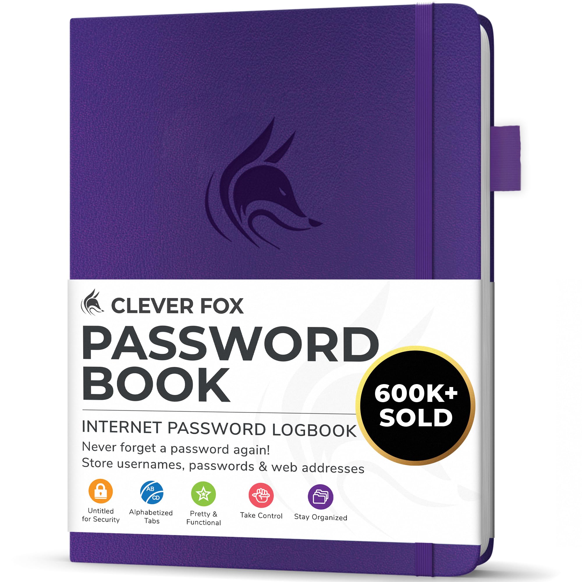 Clever Fox Password Book with alphabetical tabs. Internet Address Organizer Logbook. Small Pocket Password Keeper for Website Logins (Purple)